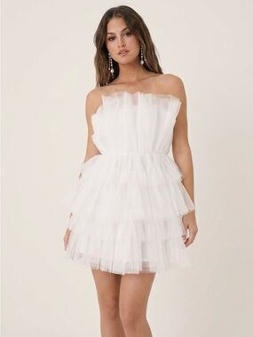 Lulus Tulle Intentions White Strapless Tiered Short Mini Dress, Size S, NWT